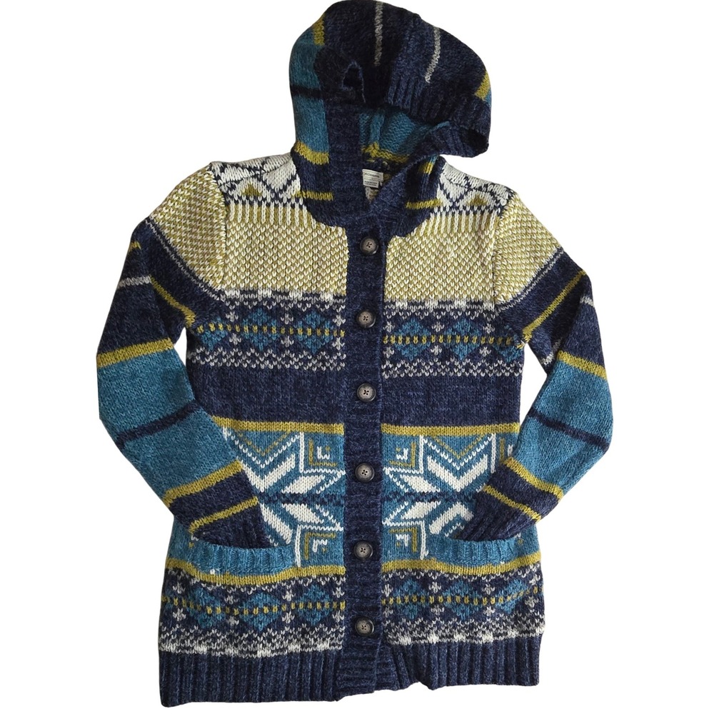 S Royal Robbins Hooded Nordic Cardigan‎ Sweater Blue Fair Isle Knit wool blend